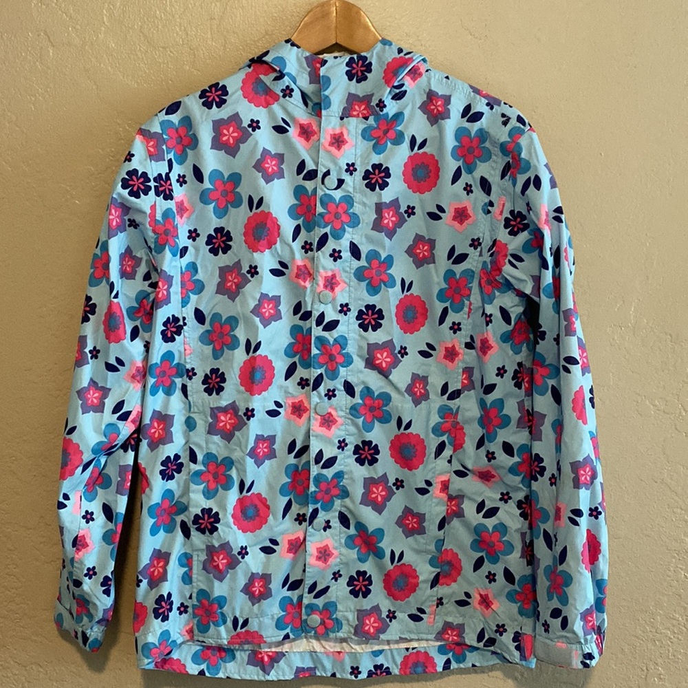 REI Kids Rain Hooded Jacket, Blue with Pink Navy Blue Flowers Size Large 14-16